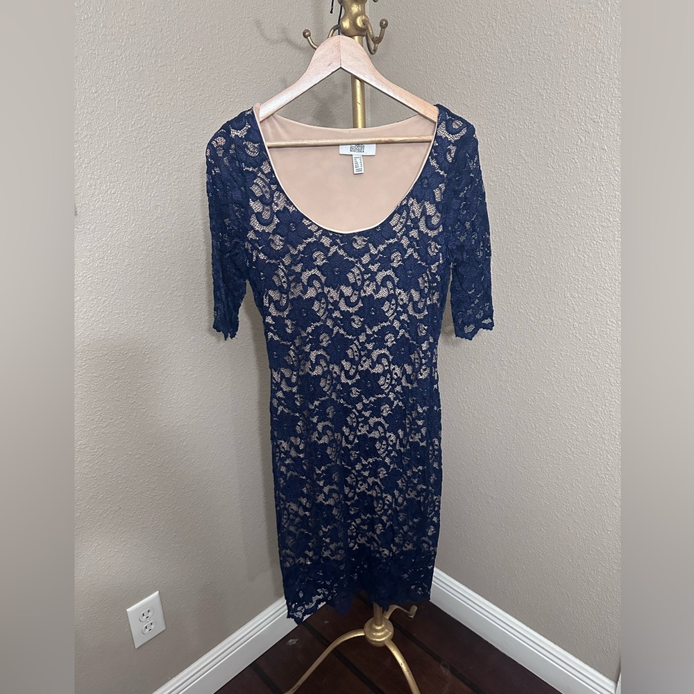 Badgley Mischka Navy Lace Dress with Nude Lining - Picture 1 of 10
